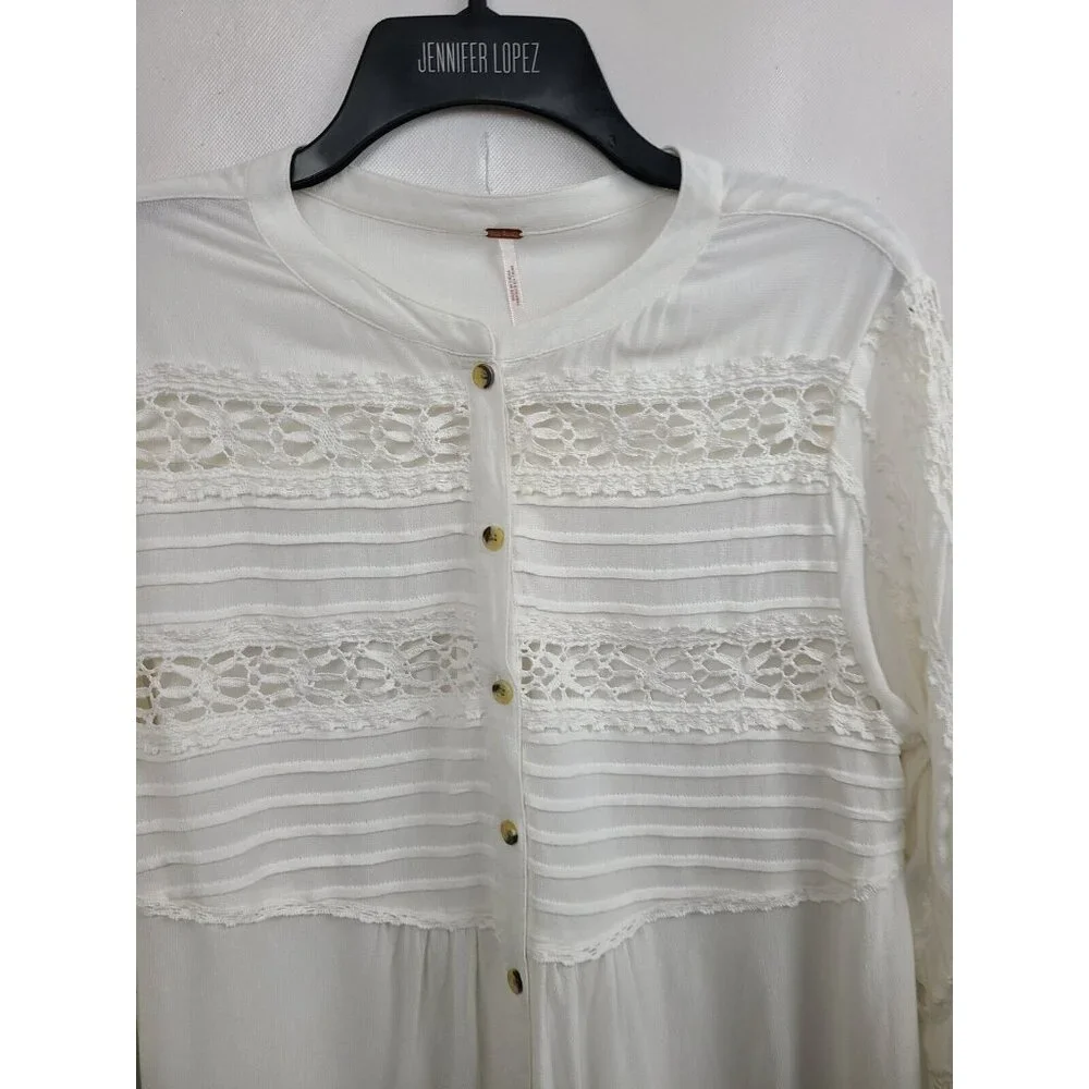 Free People Womens White‎ Crochet Blouse Top Small BOHO 3/4 Sleeve Fairy Cottage